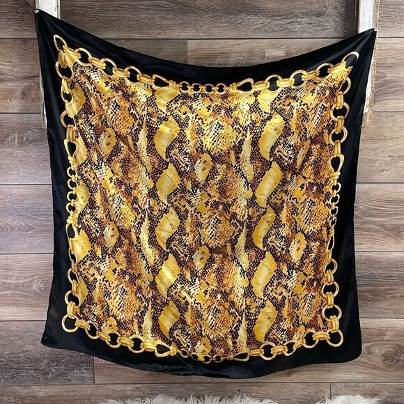 Notations  Snake Print and Chain Print Ladies Scarfs, 33 1/2” X 33 1/2” , Black - Picture 1 of 5